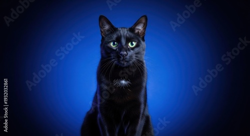 Black cat with piercing green eyes studio.