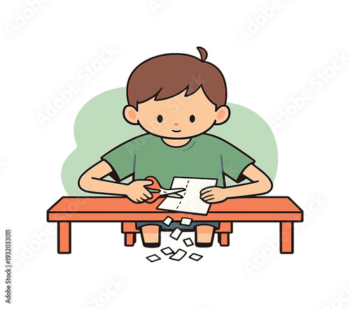 Child's Cutting Practice. Quiet child practices scissors skills at a table, paper held steady, careful snips along lines, scraps