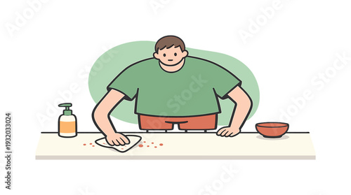 Quiet person wipes a kitchen countertop with a cloth, moving crumbs aside as the surface becomes clean and clear for dinner today