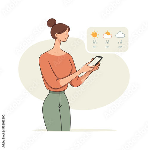 Inside person checks weather forecast calmly, arms forward, phone angled slightly, forecast symbols simple and clear. | weather
