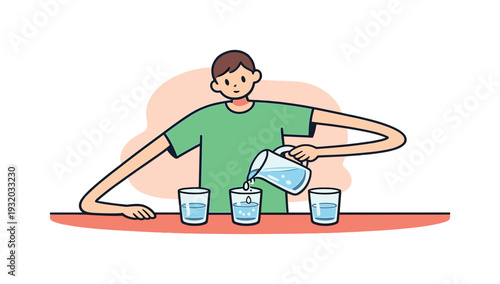 Fresh person pours water into clear glasses on a table, steady hands tilting a jug while drops glint and fill each cup slowly now