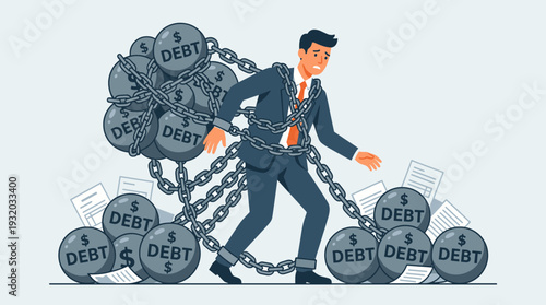 Businessman Chained to Heavy Debt Balls Representing Financial Burden, Economic Crisis, and Bankruptcy Trap. Concept of Money Management Problems, Loan Pressure, and Corporate Financial Stress.