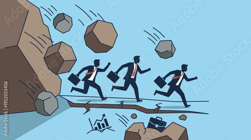 Businessmen in Suits Running Away from Falling Rocks and Cracking Ground, Concept of Business Risk, Economic Crisis, Financial Instability, and Corporate Survival in a Volatile Market Vector
