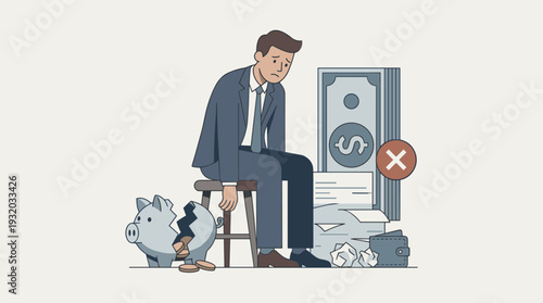 Sad Businessman Facing Financial Crisis, Bankruptcy, and Debt with Broken Piggy Bank, Empty Wallet, and Unpaid Bills. Concept of Poverty, Economic Failure, Money Problems, and Stress.