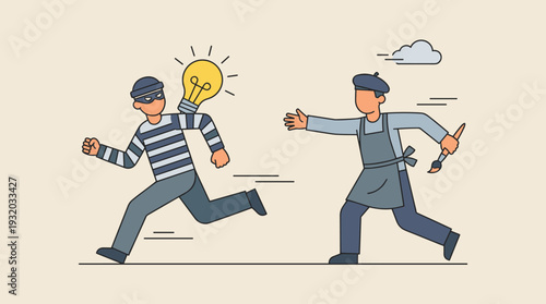 Vector Illustration of a Creator Chasing a Thief Who Stole a Glowing Lightbulb Representing a Creative Idea, Concept of Intellectual Property Theft, Plagiarism, and Copyright Infringement