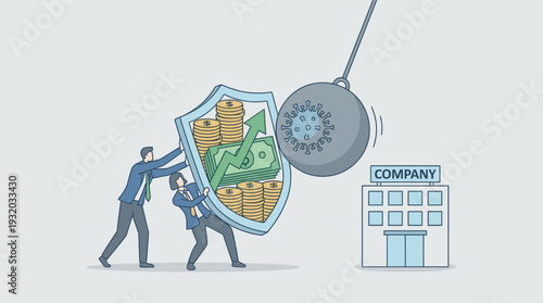 Business protection and economic stimulus concept with entrepreneurs holding a shield of money and growth to protect a company from a coronavirus wrecking ball during a financial crisis.