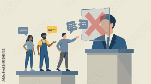 Freedom of Speech and Censorship Concept with Diverse People Silenced by Authority Figure, Workplace Hierarchy Boundary, Inequality and Communication Barrier in Corporate Culture, Social Issues