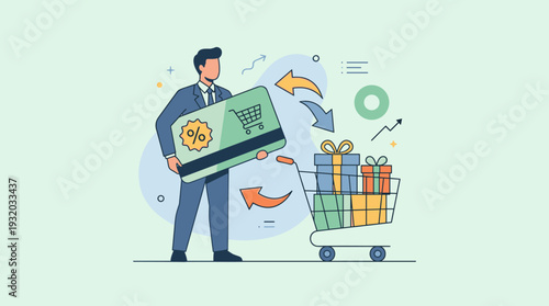 Businessman holding a large gift card with a discount percentage and shopping cart icon next to a cart full of gifts. Concept of loyalty rewards, gift certificates, and online shopping promotion.
