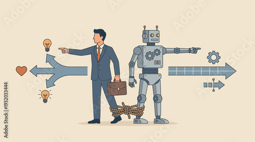 Businessman and Robot Tied Together Pointing in Opposite Directions Showing the Conceptual Conflict Between Human Creativity Intuition and Artificial Intelligence Machine Logic Efficiency Automation