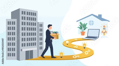 Businessman Resigning from Corporate Office to Start a New Career Path at Home, Entrepreneurship and Startup Concept with Rocket Launch, Laptop, and Creative Ideas for Personal Development
