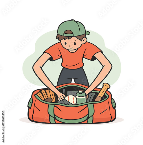 Packing Sports Gear. Inside child packs sports gear into a bag, arms reaching deep inside, equipment arranged neatly with focus. |
