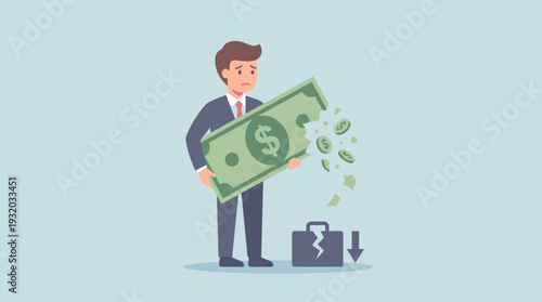Sad Businessman in Suit Holding a Large Crumbling Dollar Bill Representing Financial Loss, Economic Crisis, Recession, Tax Problems, Bankruptcy, Inflation, and Investment Failure Vector Concept