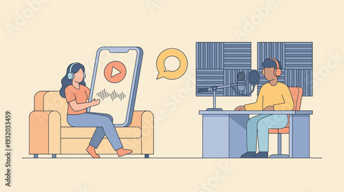 Podcast and Online Radio Concept Illustration with a Woman Listening to a Show on a Large Smartphone while a Male Podcaster Records in a Professional Studio with Microphone and Headphones