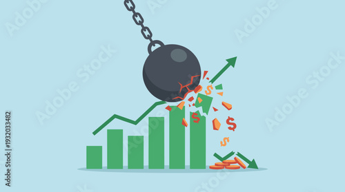 Wrecking Ball Destroying Financial Growth Chart and Profit Graph Symbolizing Economic Crisis, Market Crash, Recession, and Loss of Wealth with Broken Bar Chart, Coins, and Falling Green Arrows