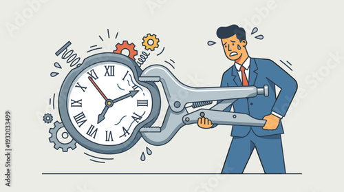 Stressed businessman in a suit using a large wrench to squeeze a clock, symbolizing extreme time pressure, tight deadlines, anxiety, and the struggle of time management in a corporate office.