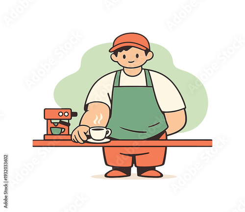 Fresh barista serves coffee in a small cup at a counter, hand extended while steam rises and the cup waits near edge quietly soft