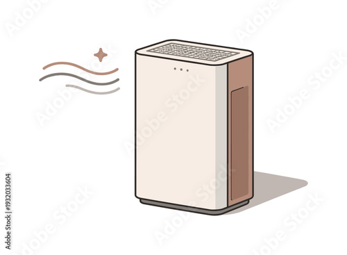 Modern air purifier with clean lines and subtle wavy lines indicating airflow
