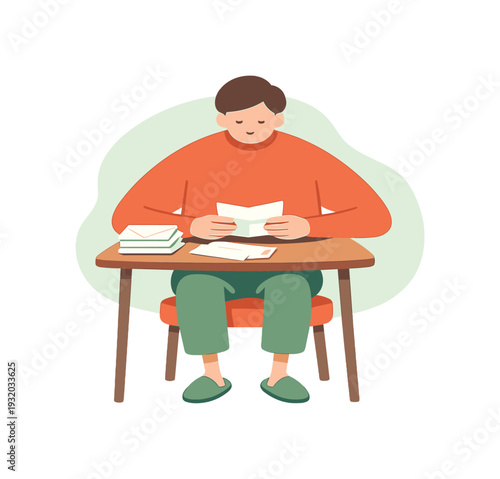 Cozy person opens mail at a small table, sliding envelopes neatly while papers peek out and hands pause to read calmly. | opening