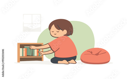 Peace child selects a low shelf choosing books at home, covers face outward, beanbag chair nearby, window light soft today inside