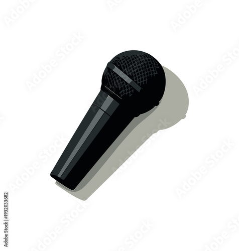 A single black microphone casting a shadow on a stark black background