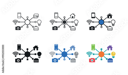 IoT Network Icons Grid. Smart network icon showing a hub connected to multiple devices and sensors via lines and nodes,
