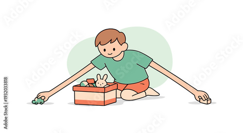 Bright child cleans toys into a box, long arms stretching to reach the last pieces as the floor becomes clear again. | cleaning