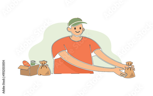 Bright volunteer hands out food parcels, long arms stretching forward as the final bag is offered | volunteer food parcels, flat