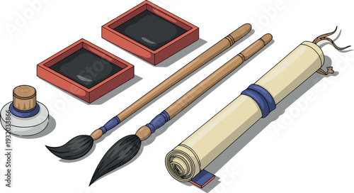 A traditional calligraphy set is laid out neatly and ready for an artist's use. Two brushes rest near red ink stones and a small bottle of ink.