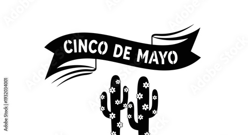 Cinco de Mayo Banner and Stylized Cacti with Flowers