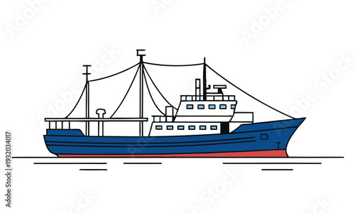 A detailed illustration of a blue and white fishing trawler boat sailing on the water, showcasing its multiple decks and rigging
