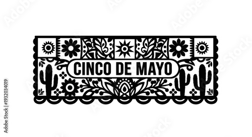 Cinco de Mayo banner with papel picado, cacti and floral designs