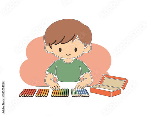 Calm child organizes pencils by color at a desk, shades lined carefully, hands moving slowly, box open nearby. | organizing