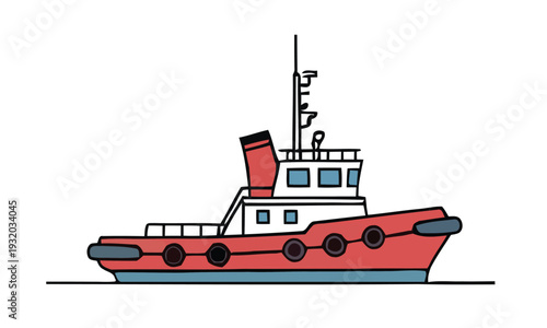 Illustration of a red and white tugboat navigating through calm waters, a versatile vessel essential for maritime operations and heavy towing