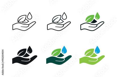 Eco-friendly resource usage symbol depicting a hand gently holding natural elements like a leaf and droplet, representing