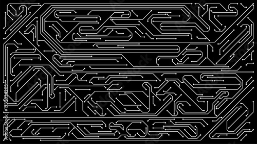 White abstract electronic circuit board pattern on black background, representing digital technology concept for computer science design.