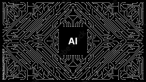 Electronic circuit board with AI letters in center. Artificial intelligence microchip background. Digital technology and data processing concept.
