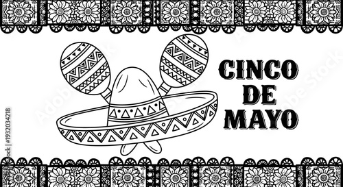 Cinco de Mayo Coloring Page: Sombrero, Maracas, Festive Border, Mexican Holiday