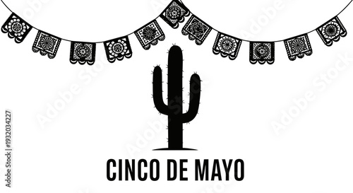 Cinco de Mayo Decoration with Cactus and Papel Picado Bunting