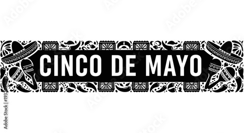 Cinco de Mayo festive banner with Mexican sombrero, maracas, and chili peppers
