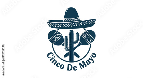 Cinco de Mayo festive emblem with sombrero, cactus, and maracas