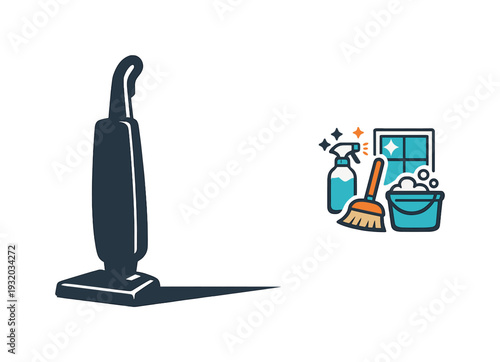 Cleaning supplies including a vacuum cleaner, broom, bucket, and spray bottle for a spotless home