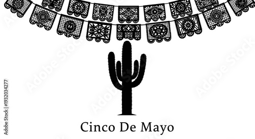 Cinco De Mayo Fiesta Banner & Cactus Silhouette - Mexican Celebration Graphic