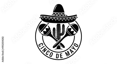 Cinco de Mayo Fiesta Emblem: Sombrero, Cactus, Maracas, Mexican Celebration Icon