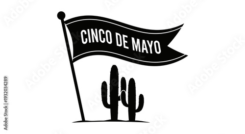 Cinco de Mayo Flag with Cactus Silhouette - Mexican Celebration Icon
