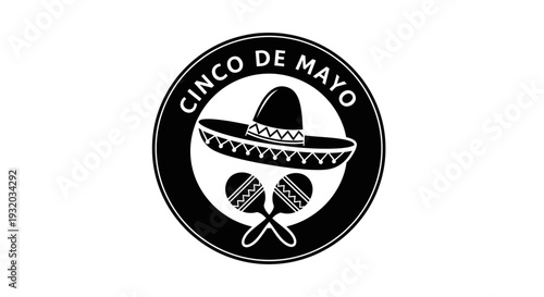 Cinco de Mayo graphic with sombrero and maracas, black and white