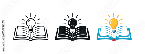 Knowledge cultivation concept shown by an open book with radiant idea spark centered on its pages and clearly defined contours,