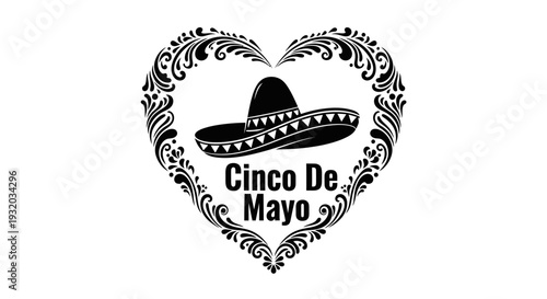 Cinco de Mayo heart emblem with sombrero, black and white graphic design