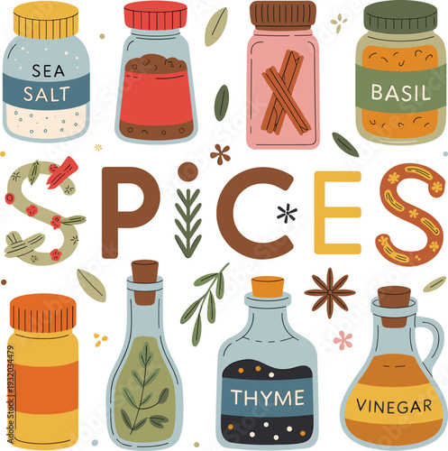 Hand drawn spice jars and herbs illustration, kitchen seasoning bottles collection with salt basil thyme vinegar vector design
