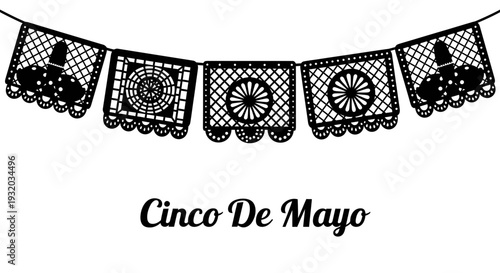 Cinco de Mayo Papel Picado Banner with Sombrero Silhouettes - Black and White