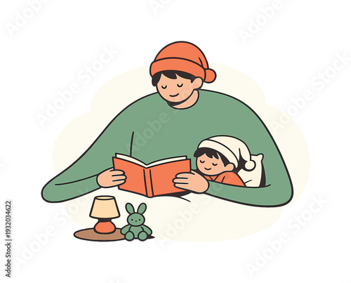 Cozy parent reads a bedtime story, long arms holding the book as the final page nears and calm settles | bedtime story reading,